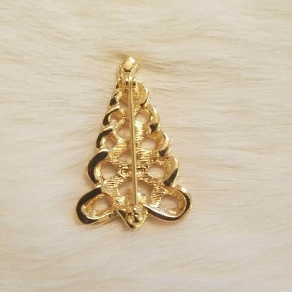 Vintage Avon Christmas Tree Brooch Pin Rhinestone Gold Tone Modernist MCM 4694